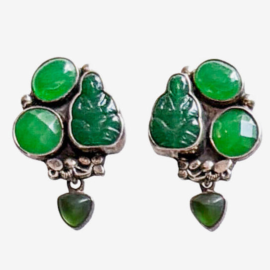 39685 Hand-Carved Jade Buddha Cluster Earrings
