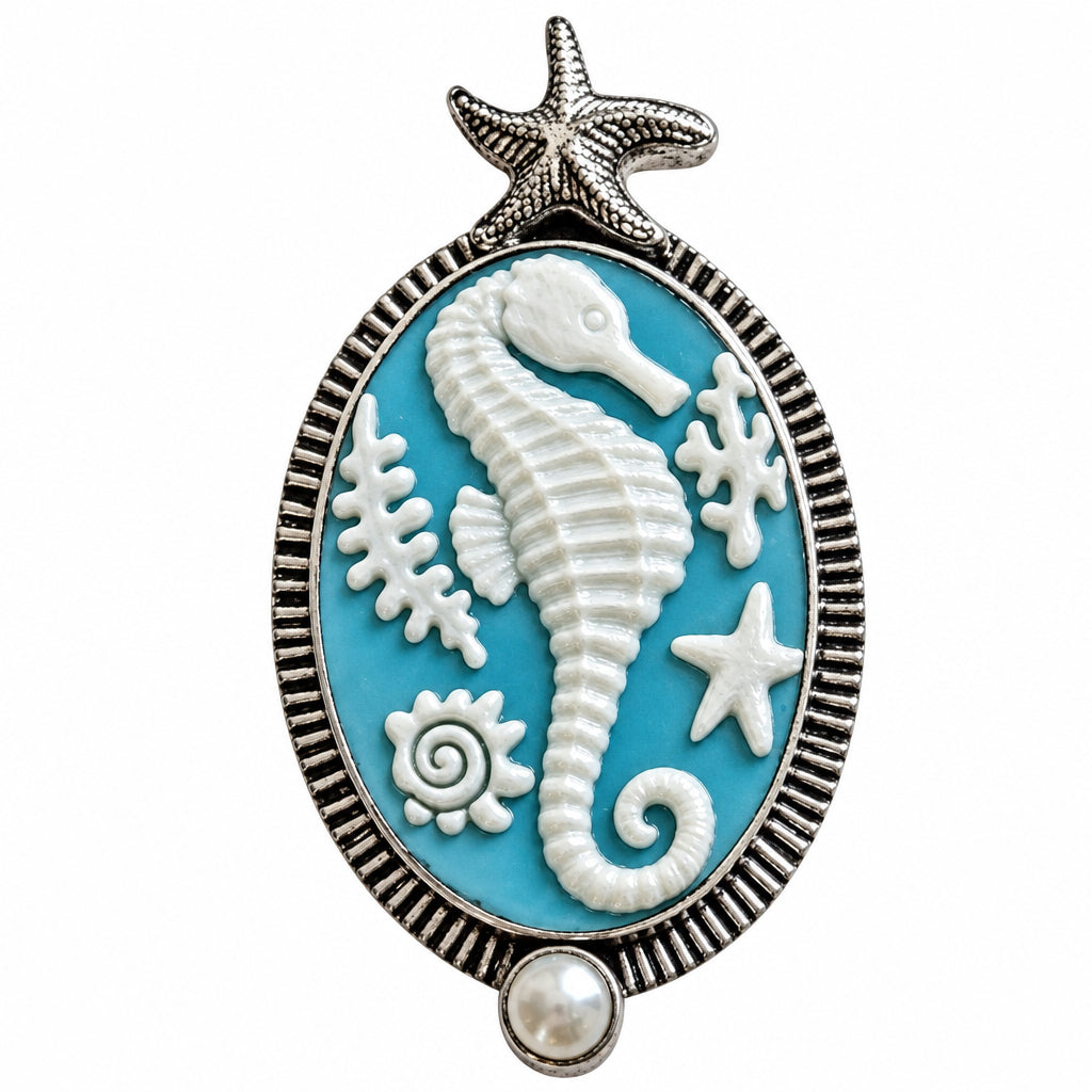 39686 Seahorse Cameo, Freshwater Pearl Pin / Pendant