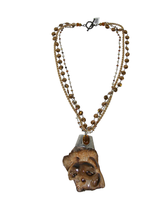 40002 Carved Fossil Frog on Medium Length 3 Strand Chain Necklace