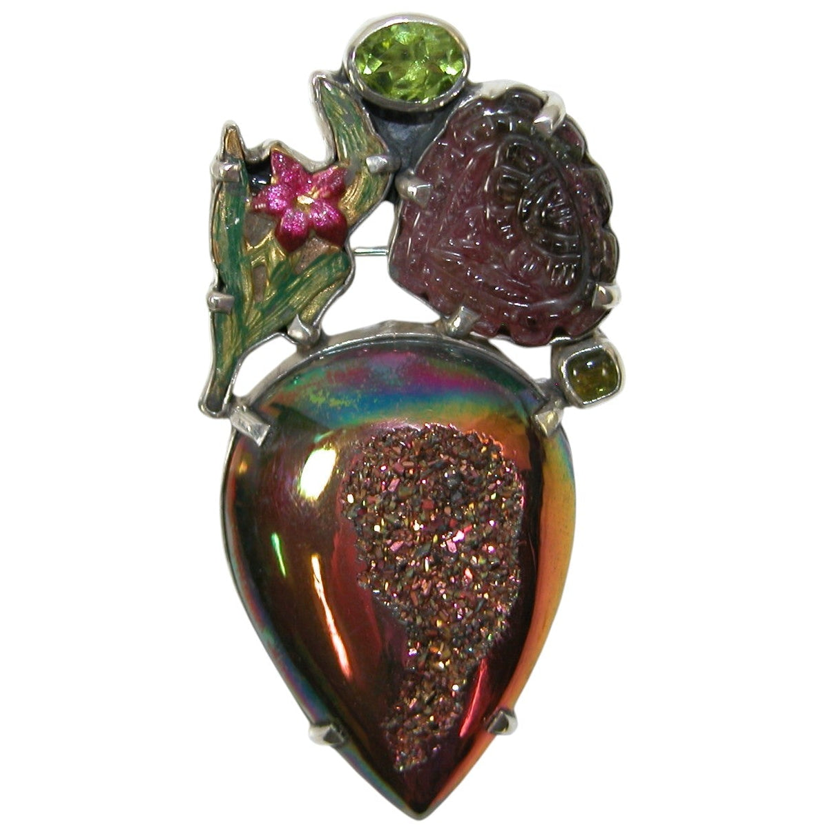 40012 Tourmaline and Enamel Floral Peridot Sterling Silver Pin Pendant