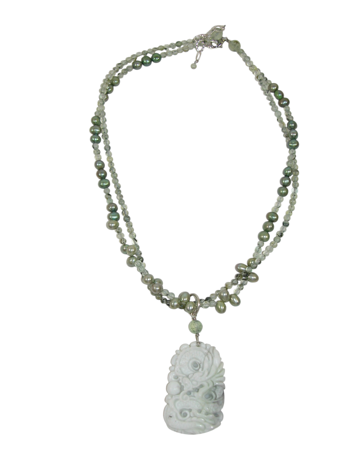 40054 Carved Jade Prehnite Pearl Pendant Necklace