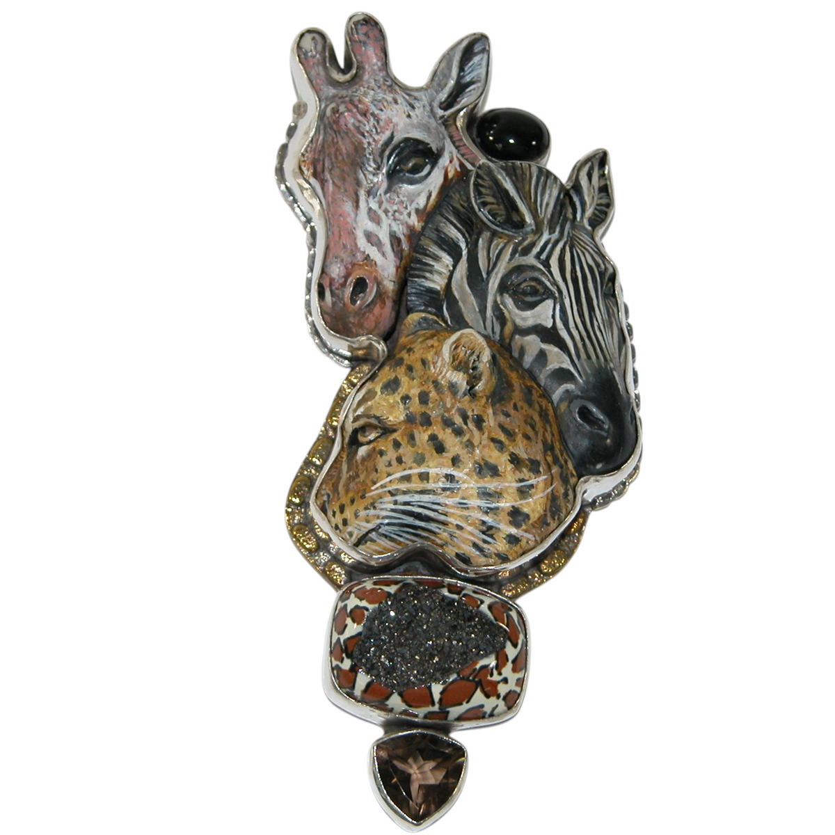 40079 Hand Carved Scrimshaw Giraffe Leopard Zebra, Smokey Topaz, Druzy Sterling Silver Pin and Pendant