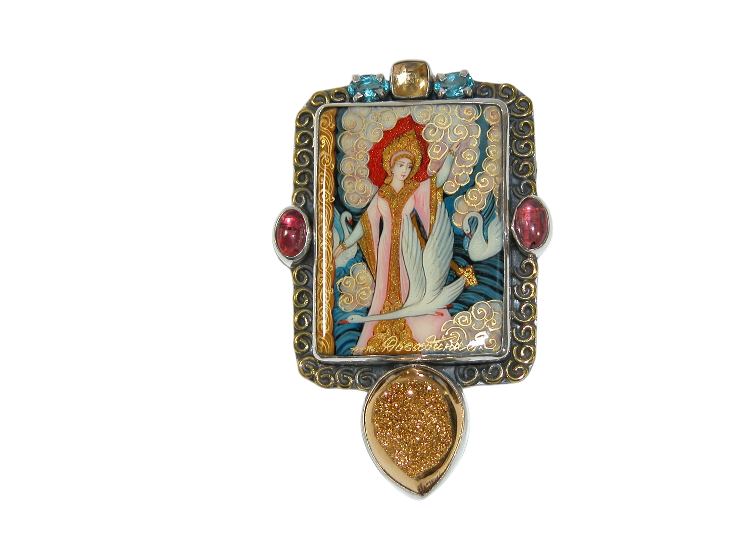 40088 Painted Lady Gold Drusy Sterling Silver Pin and pendant