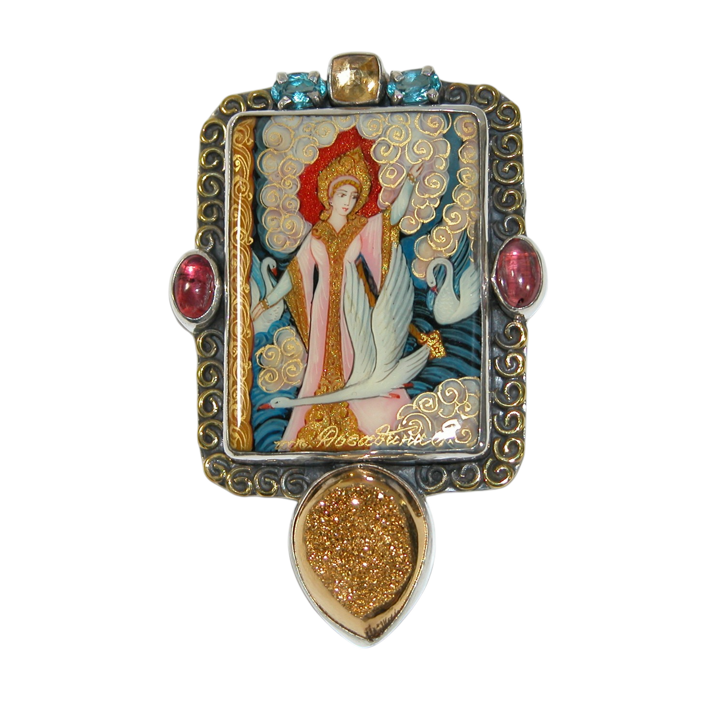 40088 Painted Lady Gold Drusy Sterling Silver Pin and pendant