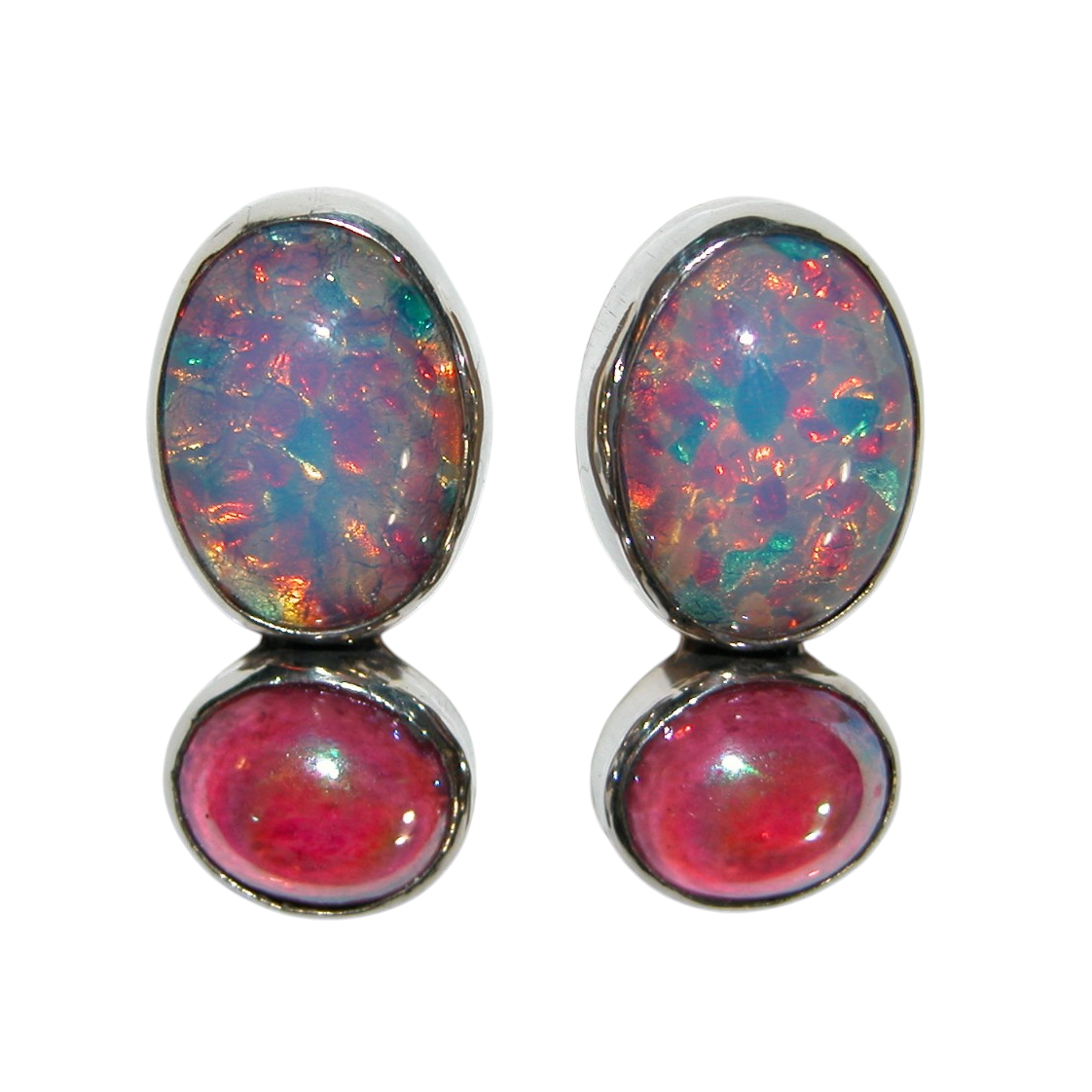40115 Vintage Opal Glass with Pink Quartz Sterling Silver Earring