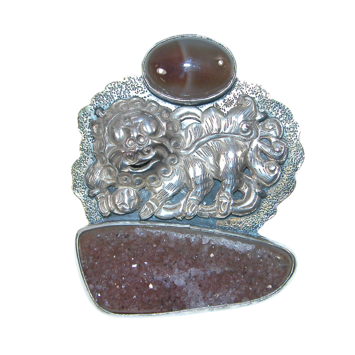 40146 Antique Silver FooDog Drusy Agate Sterling Silver Pin and Pendant