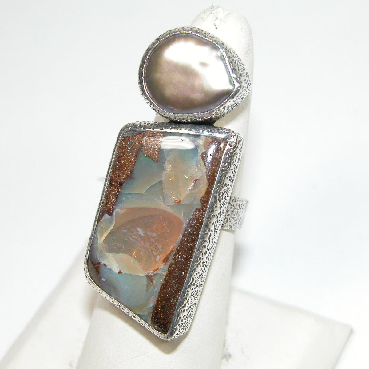 40233 Boulder Opal Freshwater Pearl Sterling Silver Adjustable Ring