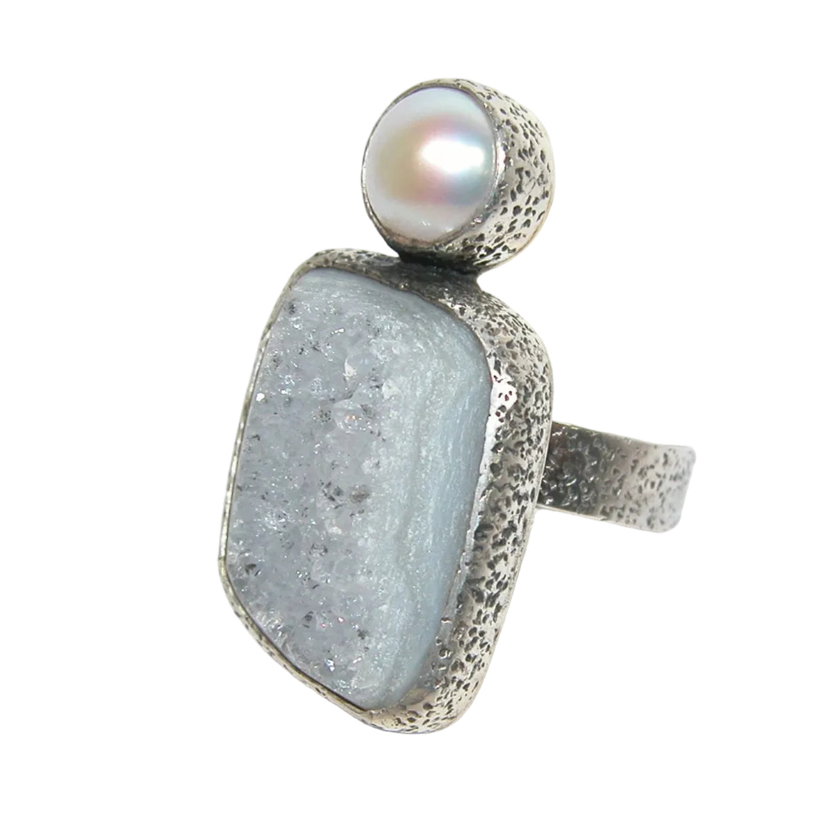 40242 Natural Brazilian Drusy Agate Pearl Adjustable Sterling Silver Ring