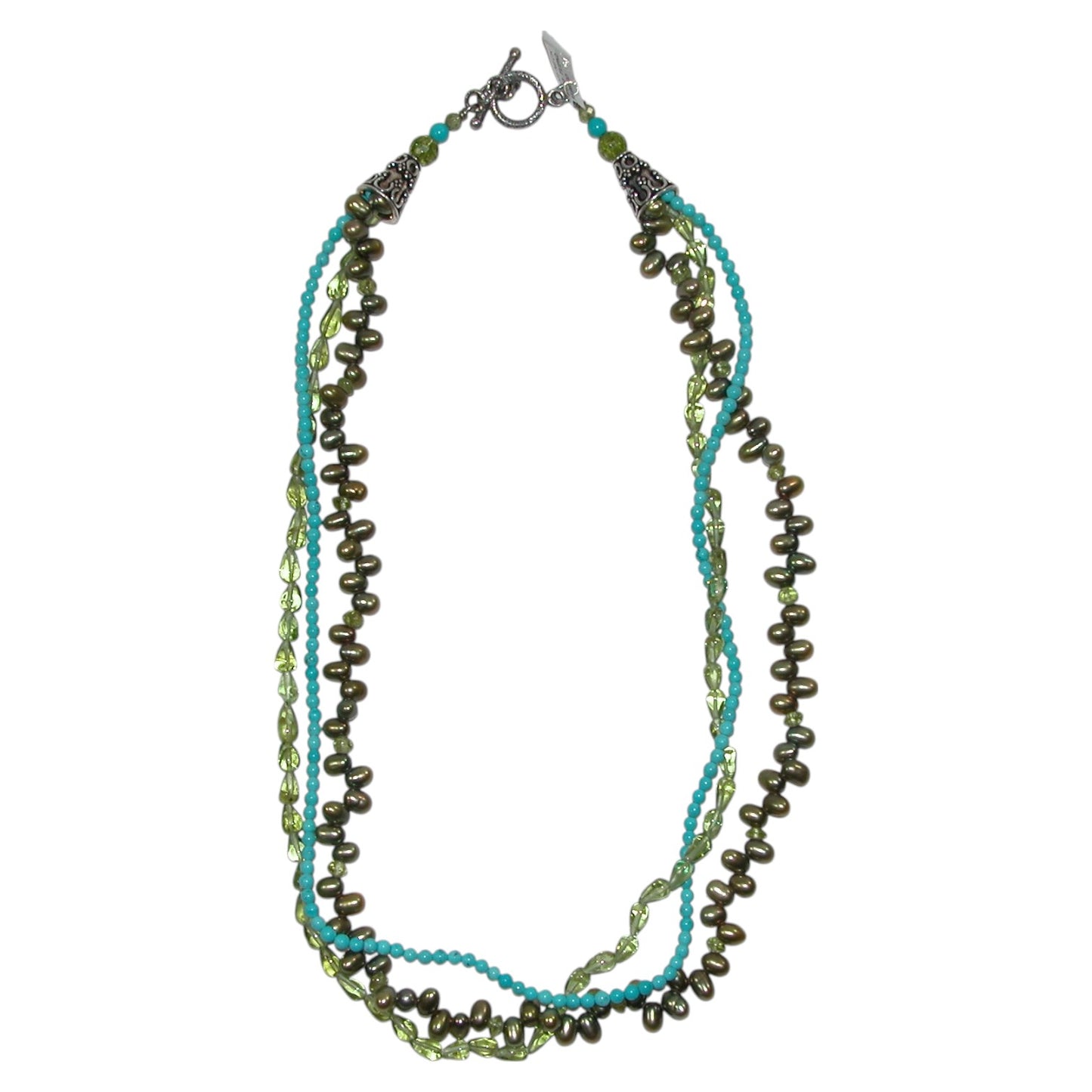 Turquoise, Peridot, Pearl Beaded Multi-Strand Sterling Silver Necklace