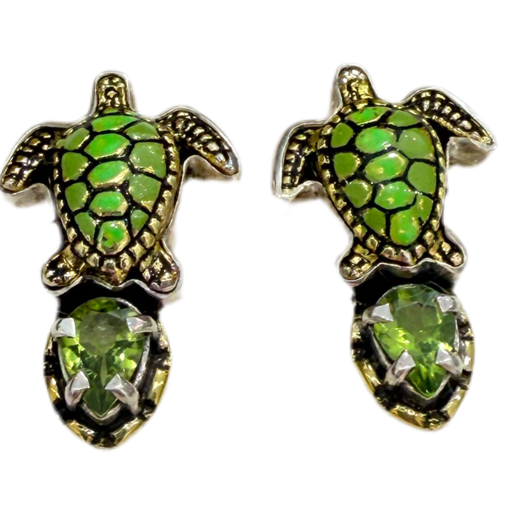 32186 Hand Enamel Turtle Quartz Sterling Silver Earrings