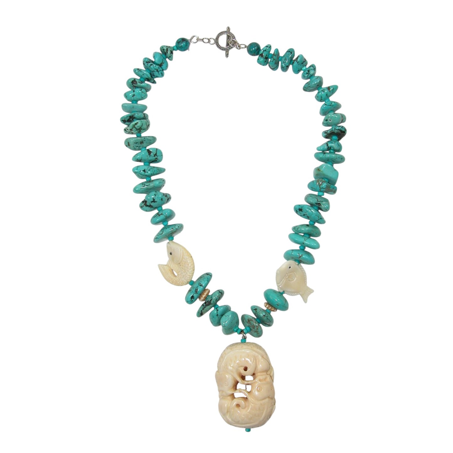 Carved Bone, Turquoise Sterling Silver Beaded Necklace