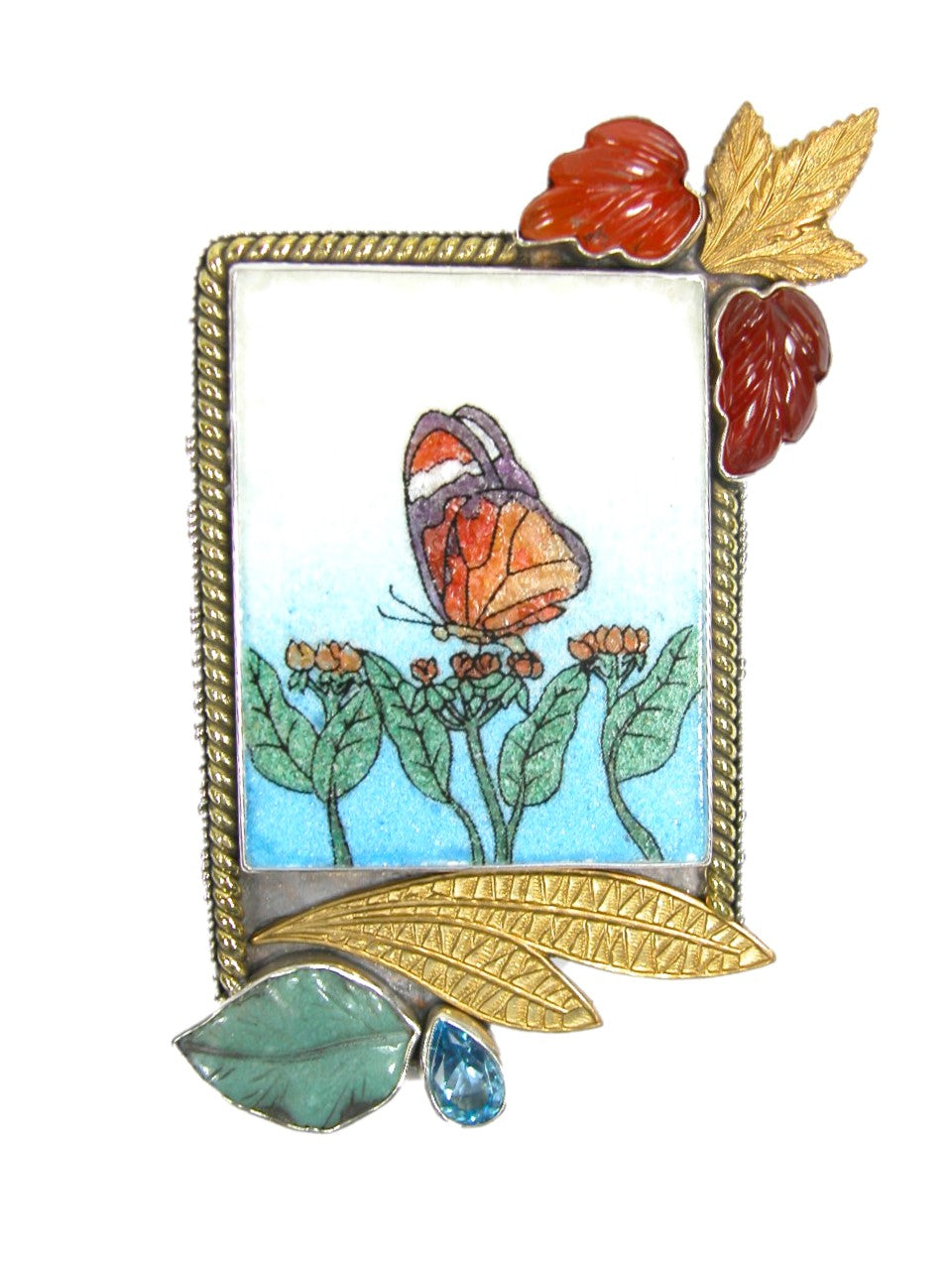 29370 Mosaic Butterfly, Carnelian, Jade, Blue Topaz, Sterling Silver Pin Pendant