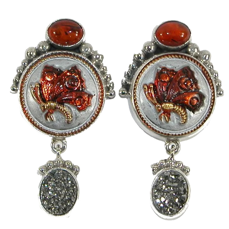 29357 Czech Button Butterfly Drusy Sterling Silver Earrings