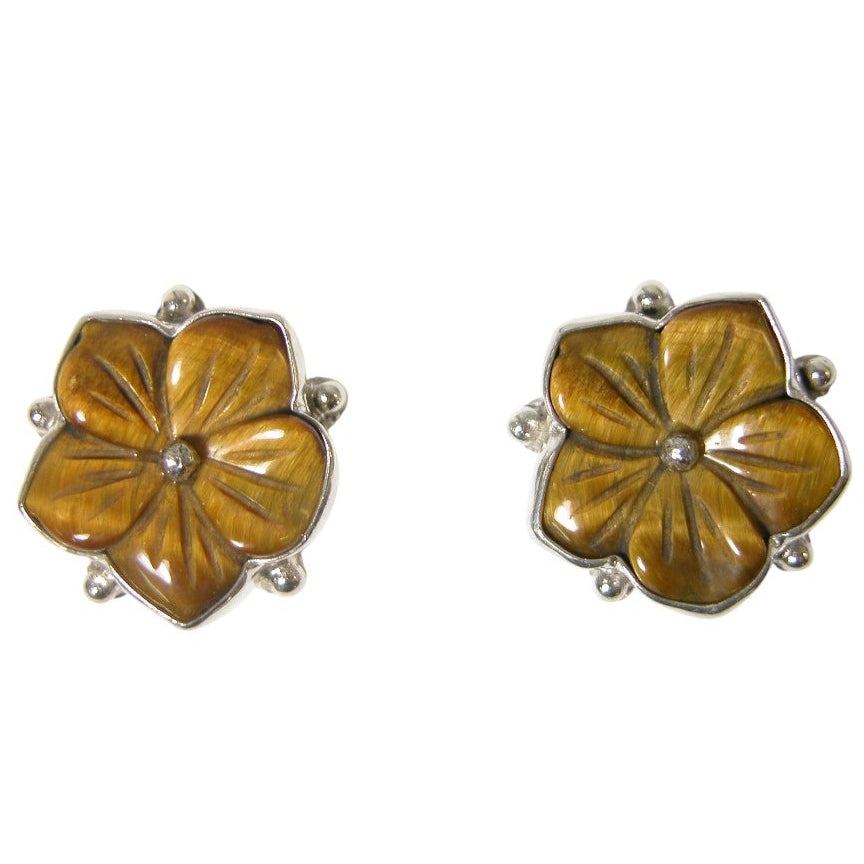 32158 Tiger Eye Flower Sterling Silver Stud Earrings