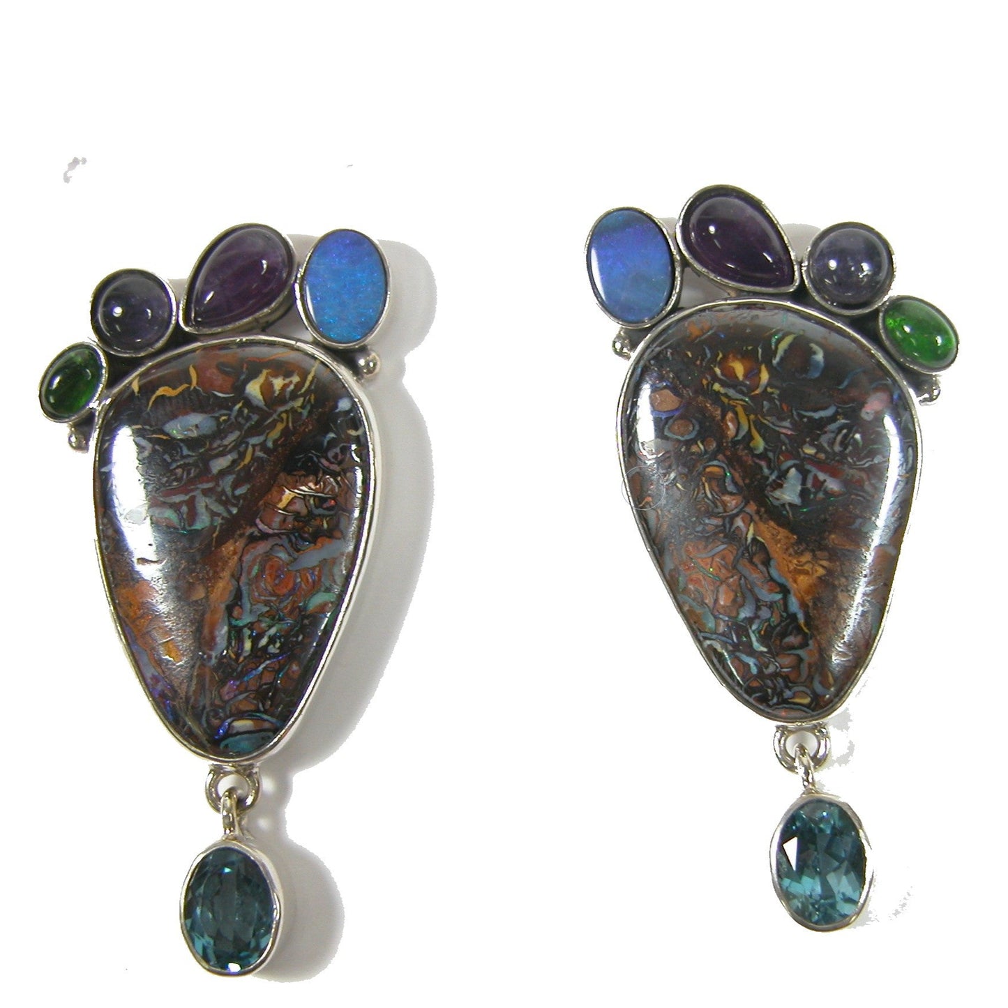 29460 Amethyst, Blue Topaz, Boulder Opal, Chrome Diopside Sterling Silver Earrings