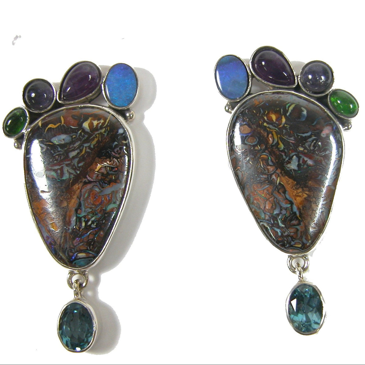 29460 Boulder Opal, Opal, Amethyst, Blue Topaz, Chrome Diopside, Iolite Sterling Silver Earrings