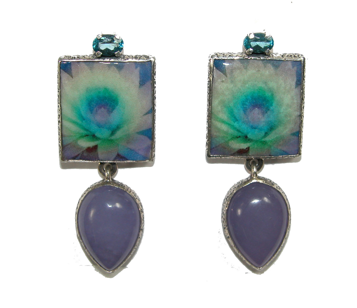 29787 Blue Topaz Flower Tile Sterling Silver Dangle Earrings