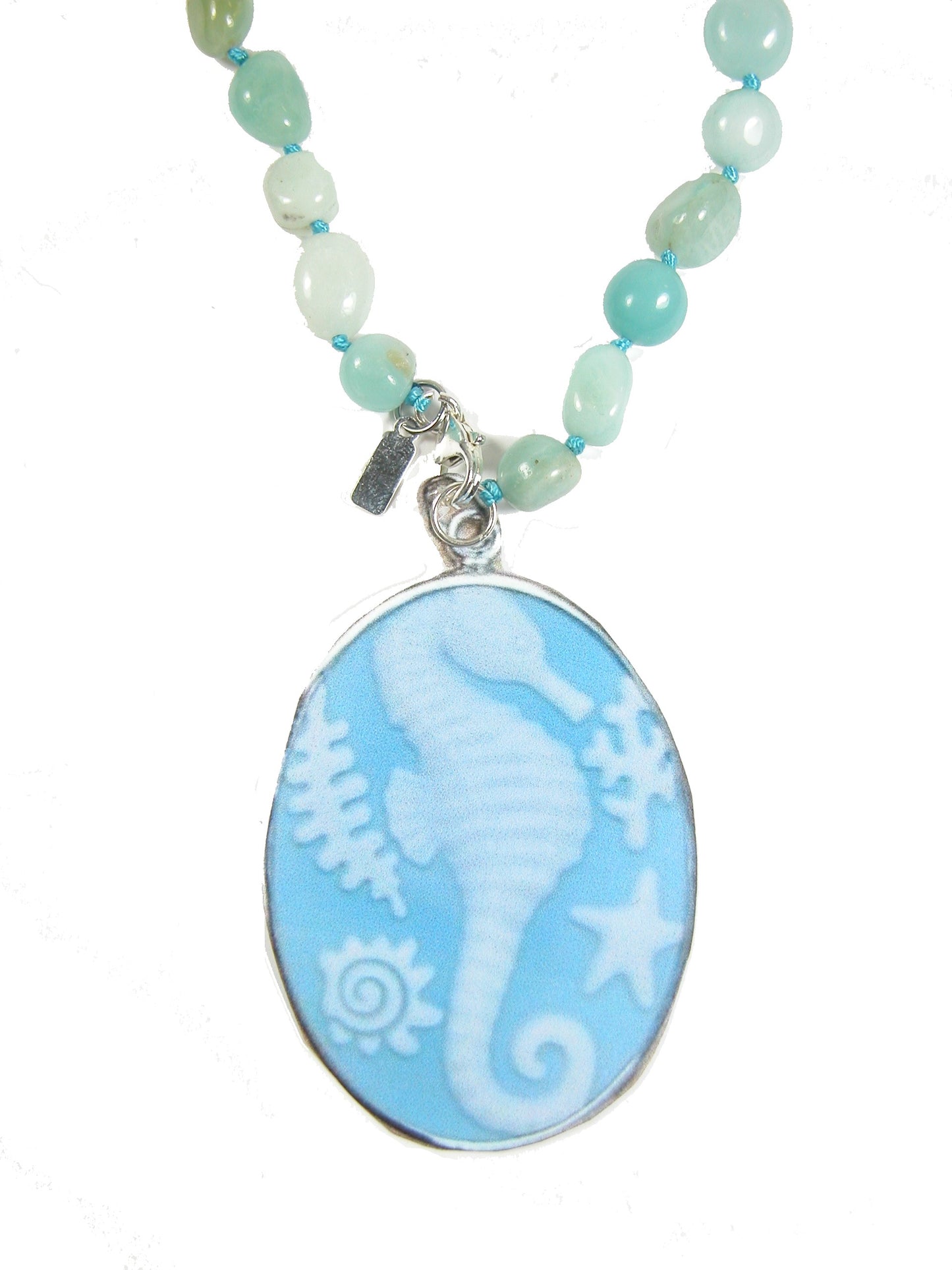 30451 Amazonite, Etched Seahorse Cameo Beaded Sterling Silver Necklace and Pendant
