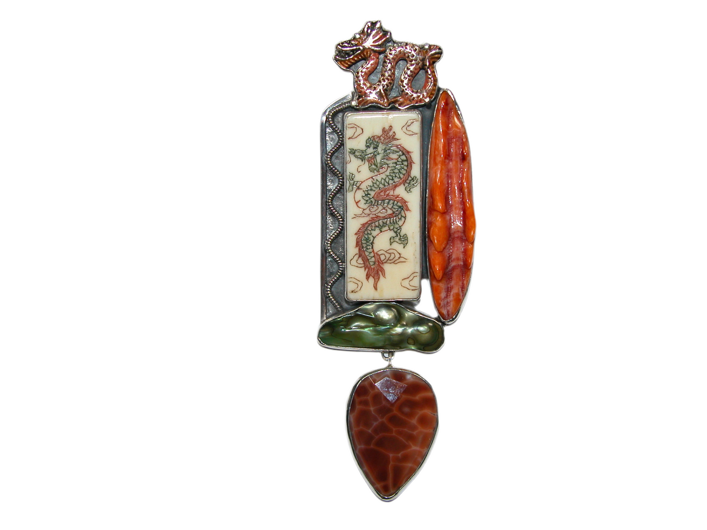 33073 Freshwater Pearl, Hand Enameling Dragon Sterling Silver Pin and Pendant