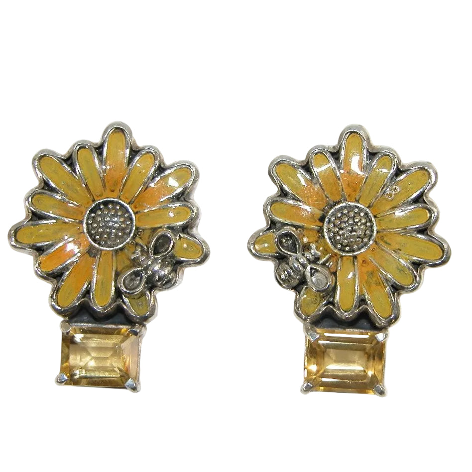 50824 Sunflower Bee Citrine Hand Enameling Sterling Silver Earrings