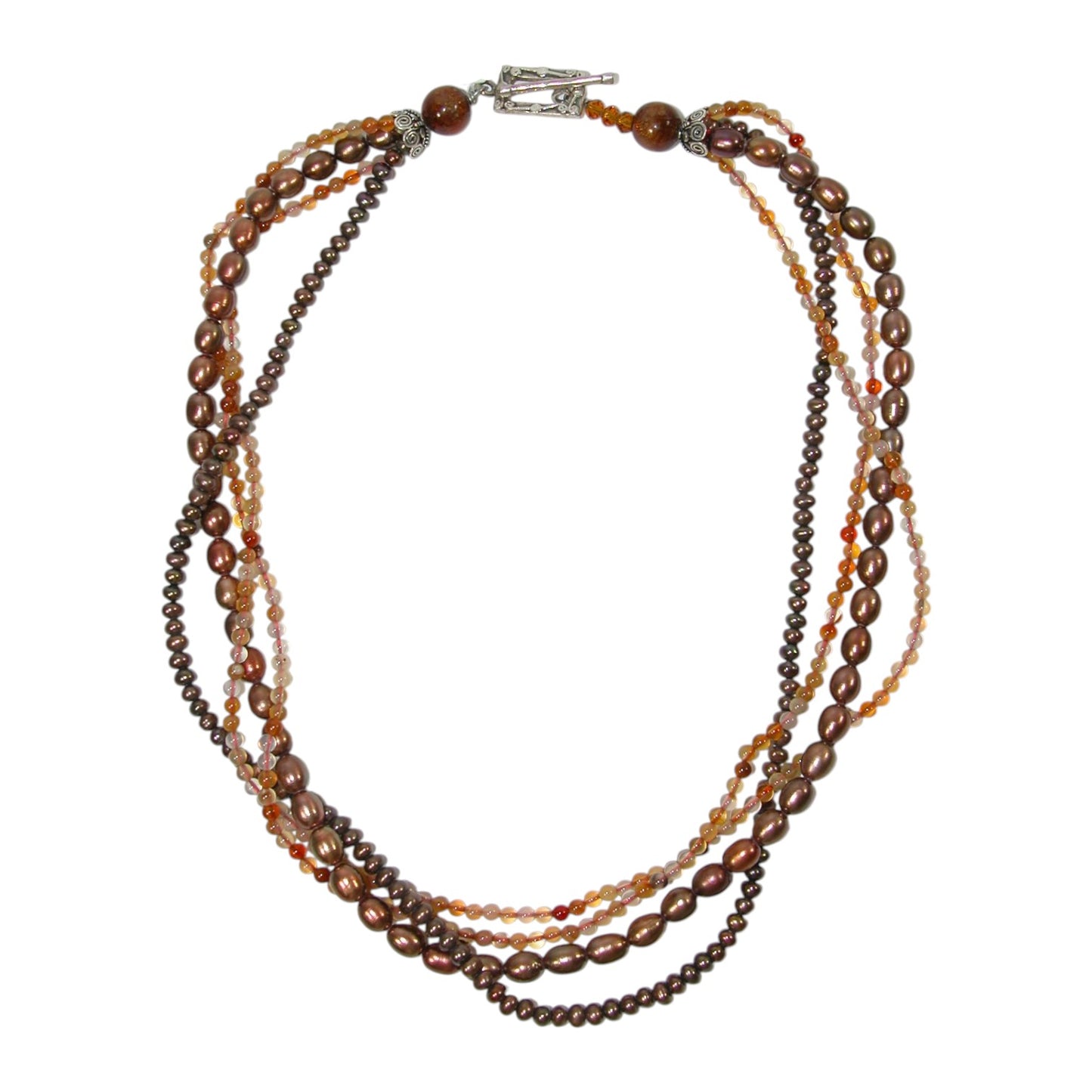 51871 Freshwater Pearl, Crystal, Agate Four Strand Beaded Sterling Silver Necklace