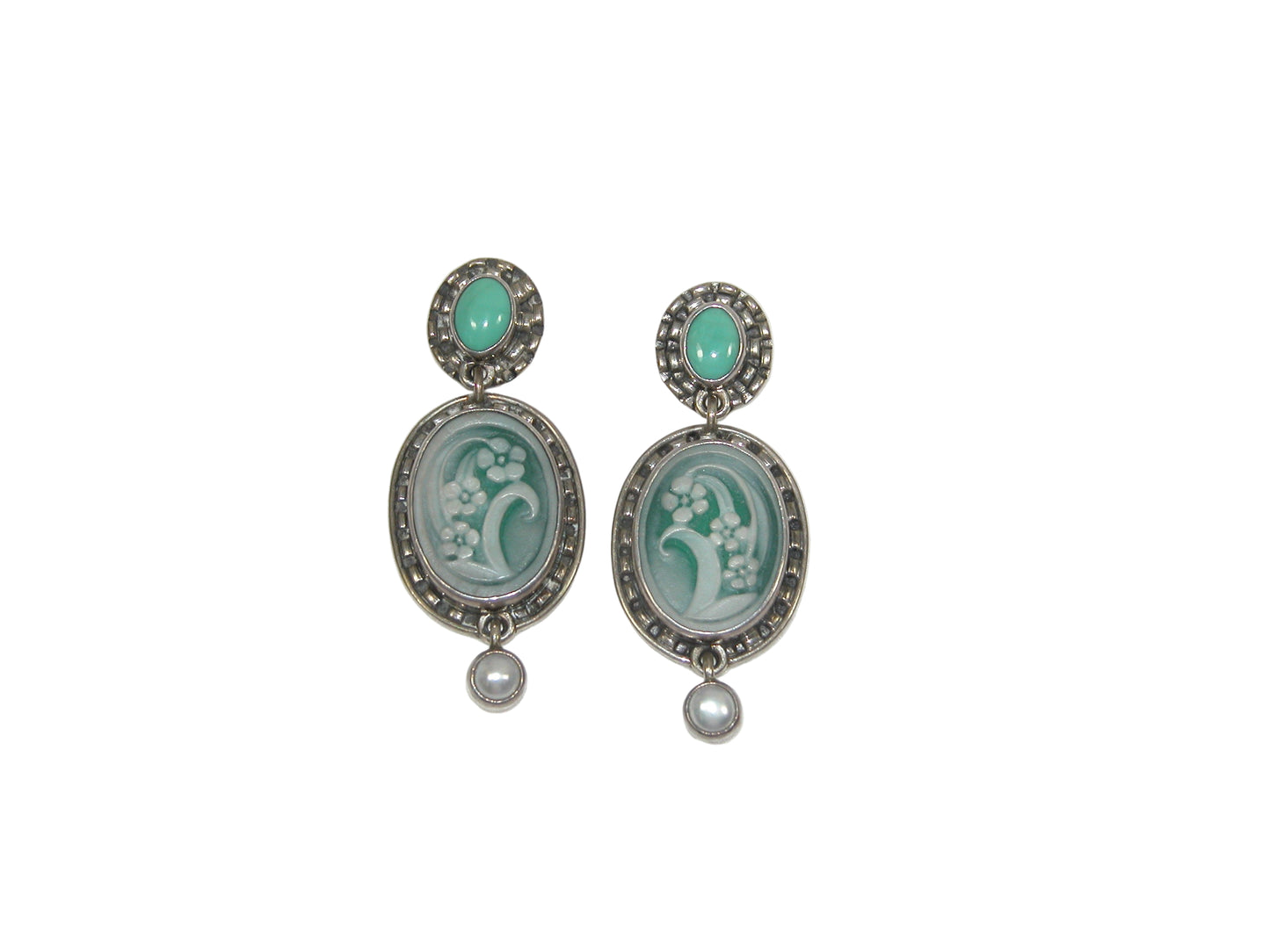 7107 Flower Cameo. Turquoise, Fresh Water Pearl, Sterling Silver Earrings