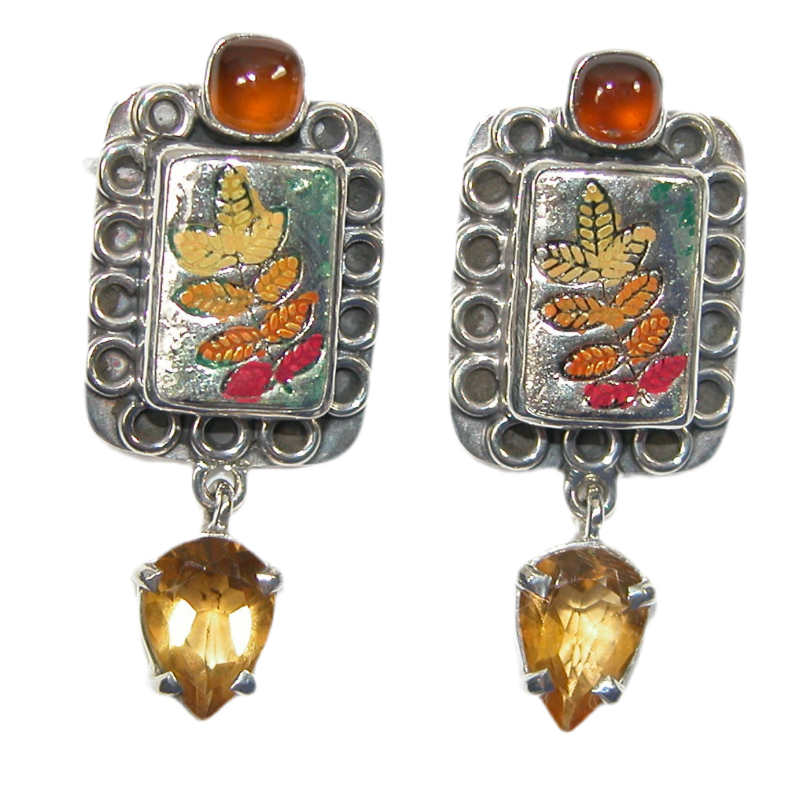 33361 Amber, Citrine, Leaf Enamel, Sterling Silver Earrings