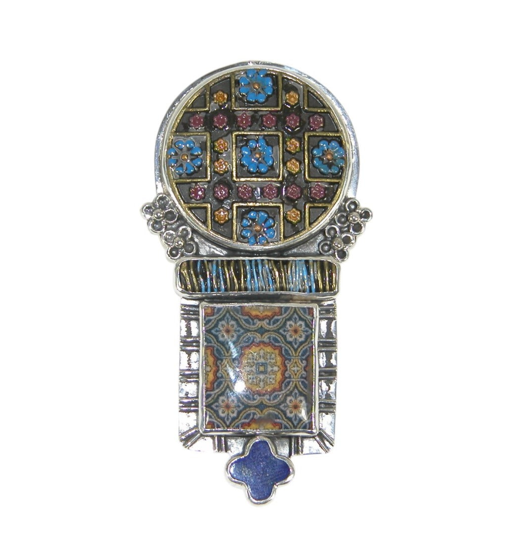 Pattern Handmade Tile with Lapis Sterling Silver Pin Pendant