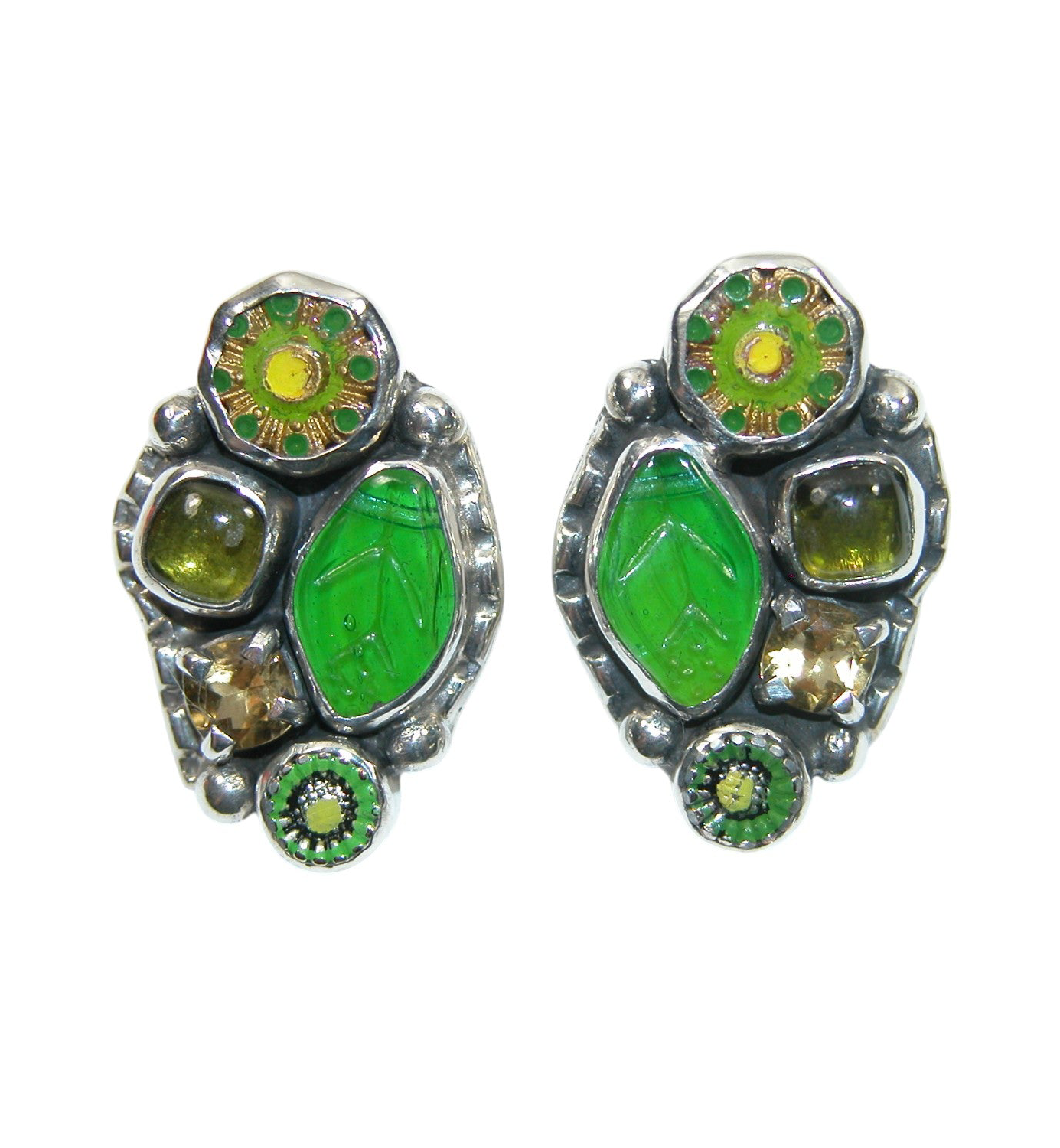 34021 Peridot Flower Green Cluster Sterling Silver Earrings