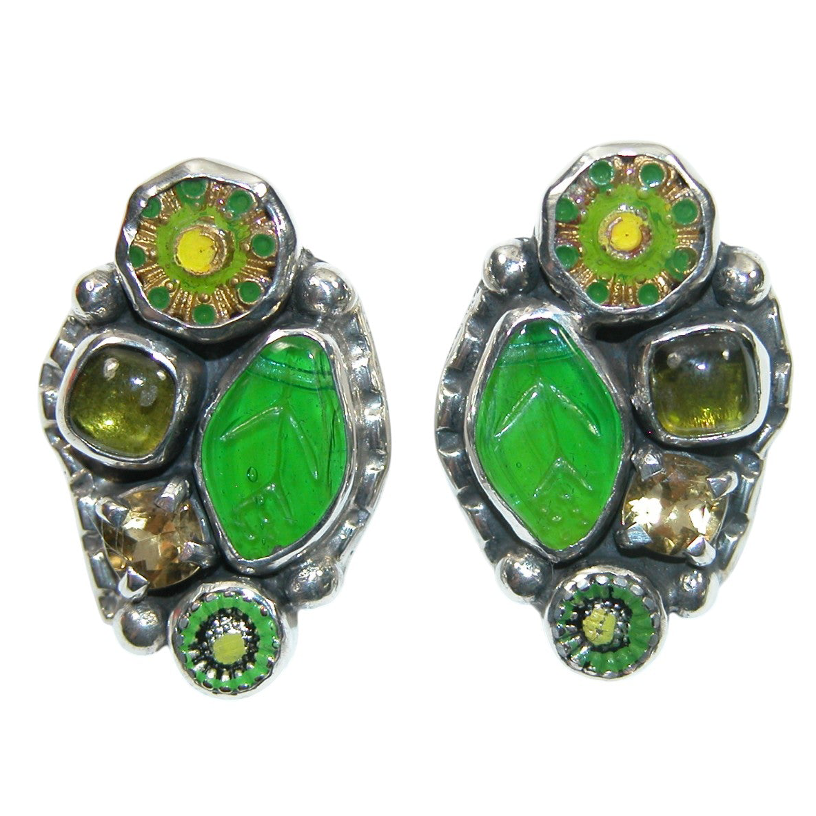 34021 Peridot, Hand Enameled Flower, Citrine Cluster Sterling Silver Earrings