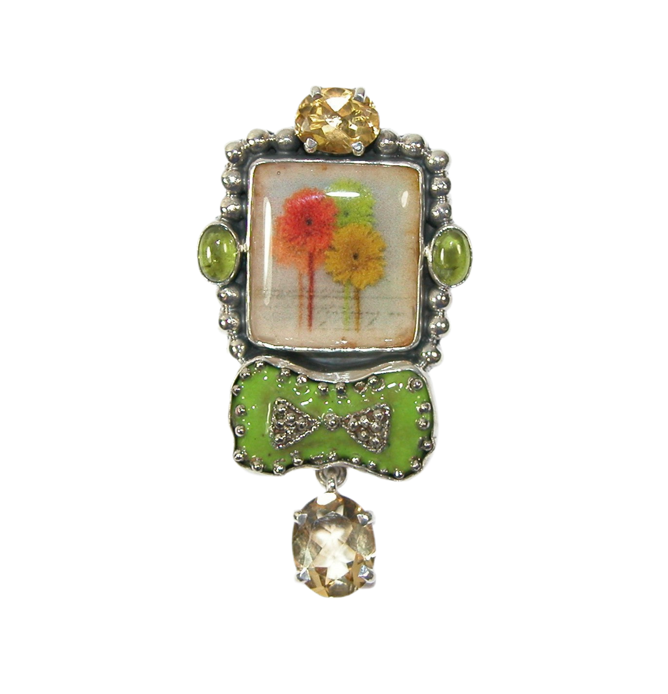 29813 Citrine Floral Hand Made Tile Sterling Silver Pin and Pendant