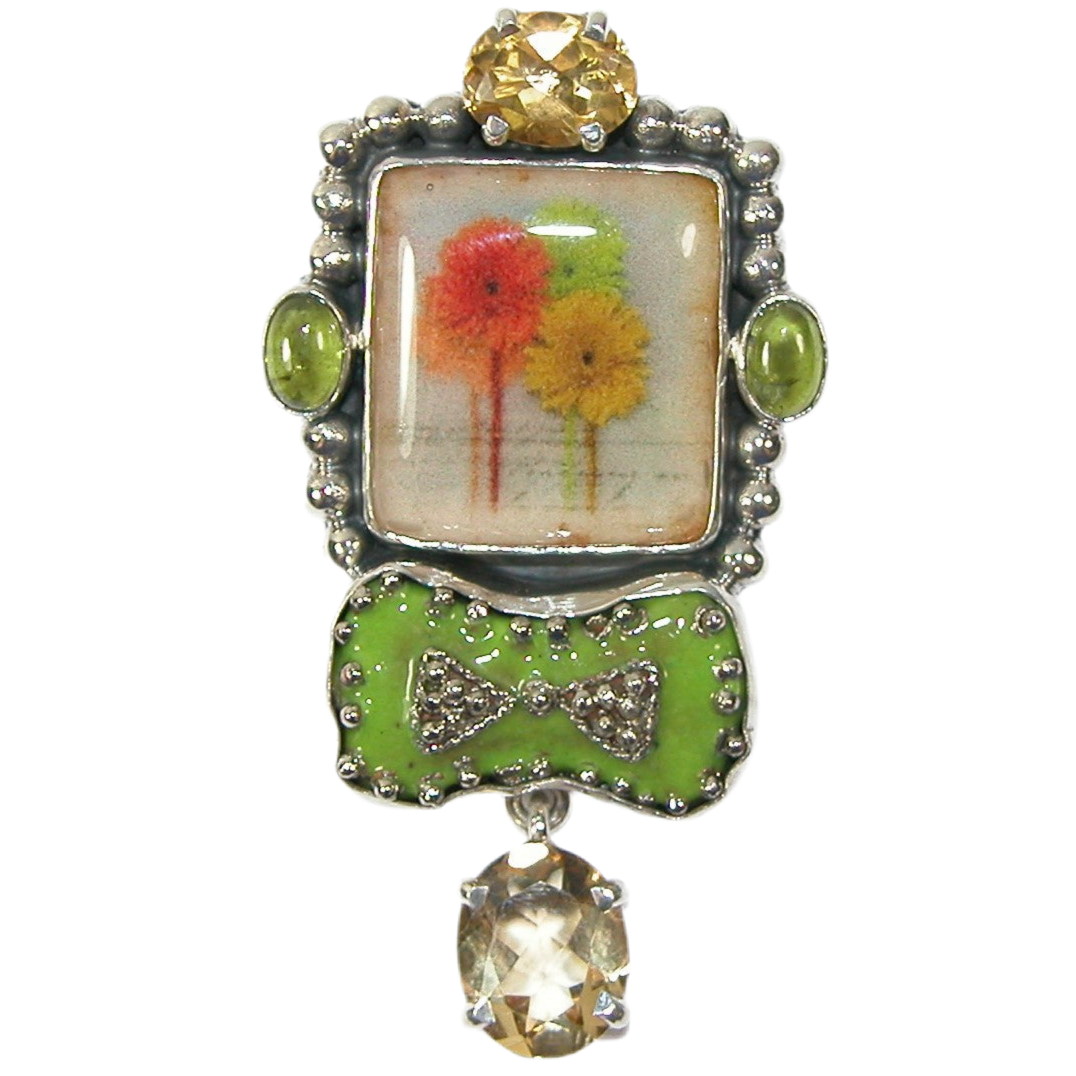 29813 Citrine Vesuvianite Handmade Floral Tile Sterling Silver Pin and Pendant