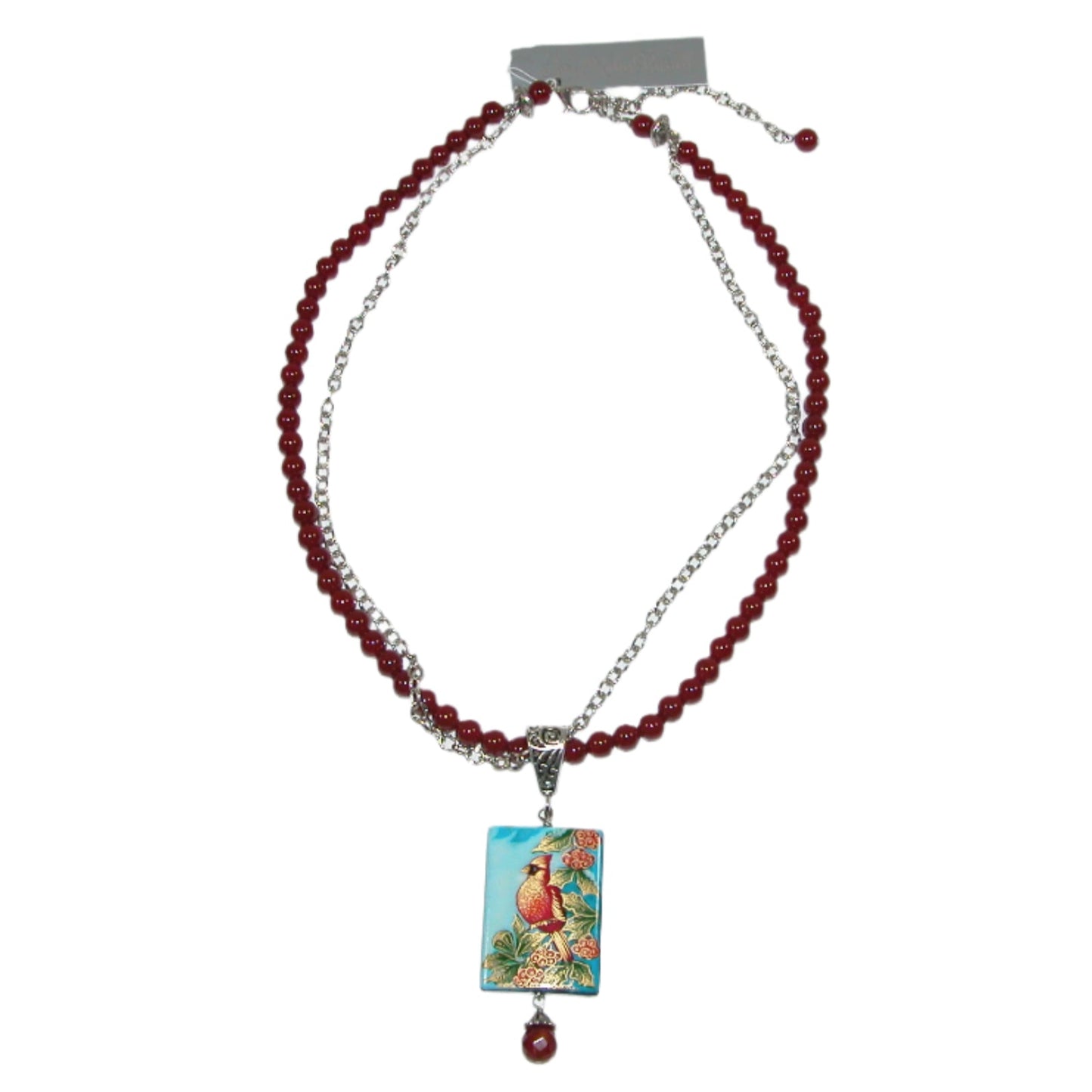 8326 Hand Painted Bird, Black Onyx, Carnelian Sterling Silver Beaded Necklace