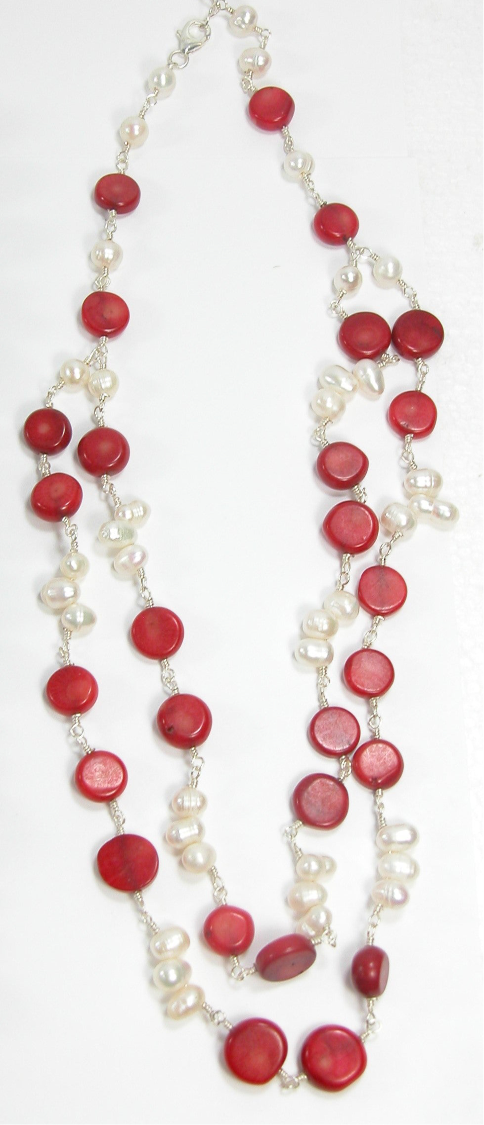 N5247 Fresh Water Pearl, Red Stone Necklace