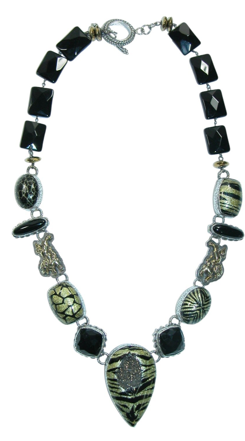 32079 Black Onyx, Quartz, Drusy Safari Beaded Sterling Silver Necklace