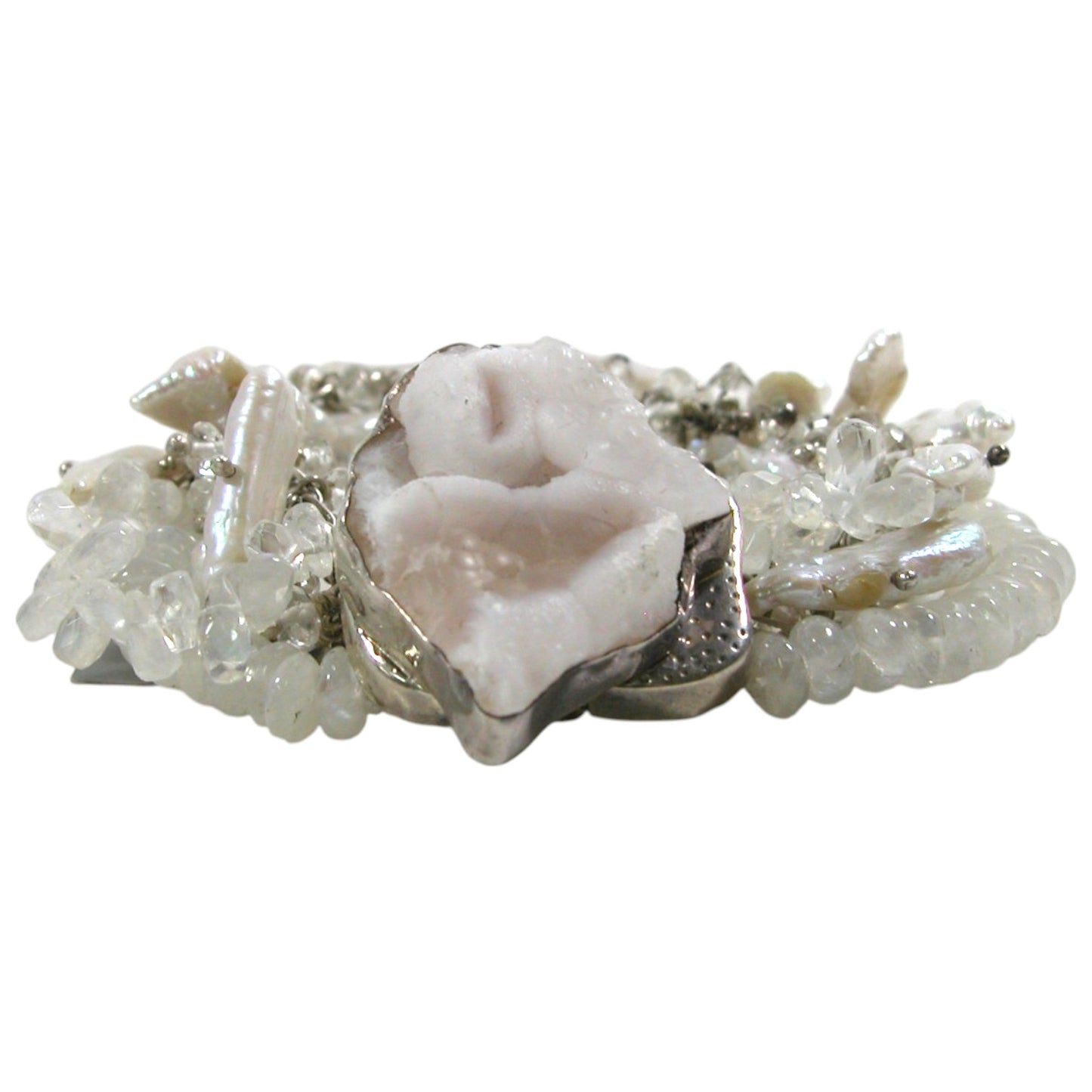 Freshwater Pearl, Moonstone, Natural Calcite Sterling Silver Bracelet