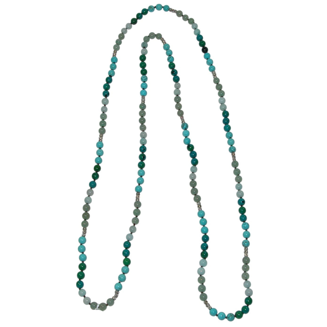 Green Aventurine, Turquoise, Azurite, Malachite Extra Long Sterling Silver Beaded Necklace