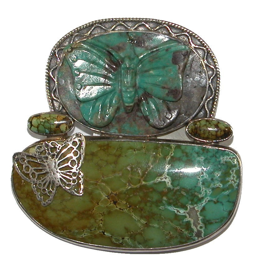 Hand Carved Turquoise Butterfly Sterling Silver Pin Pendant