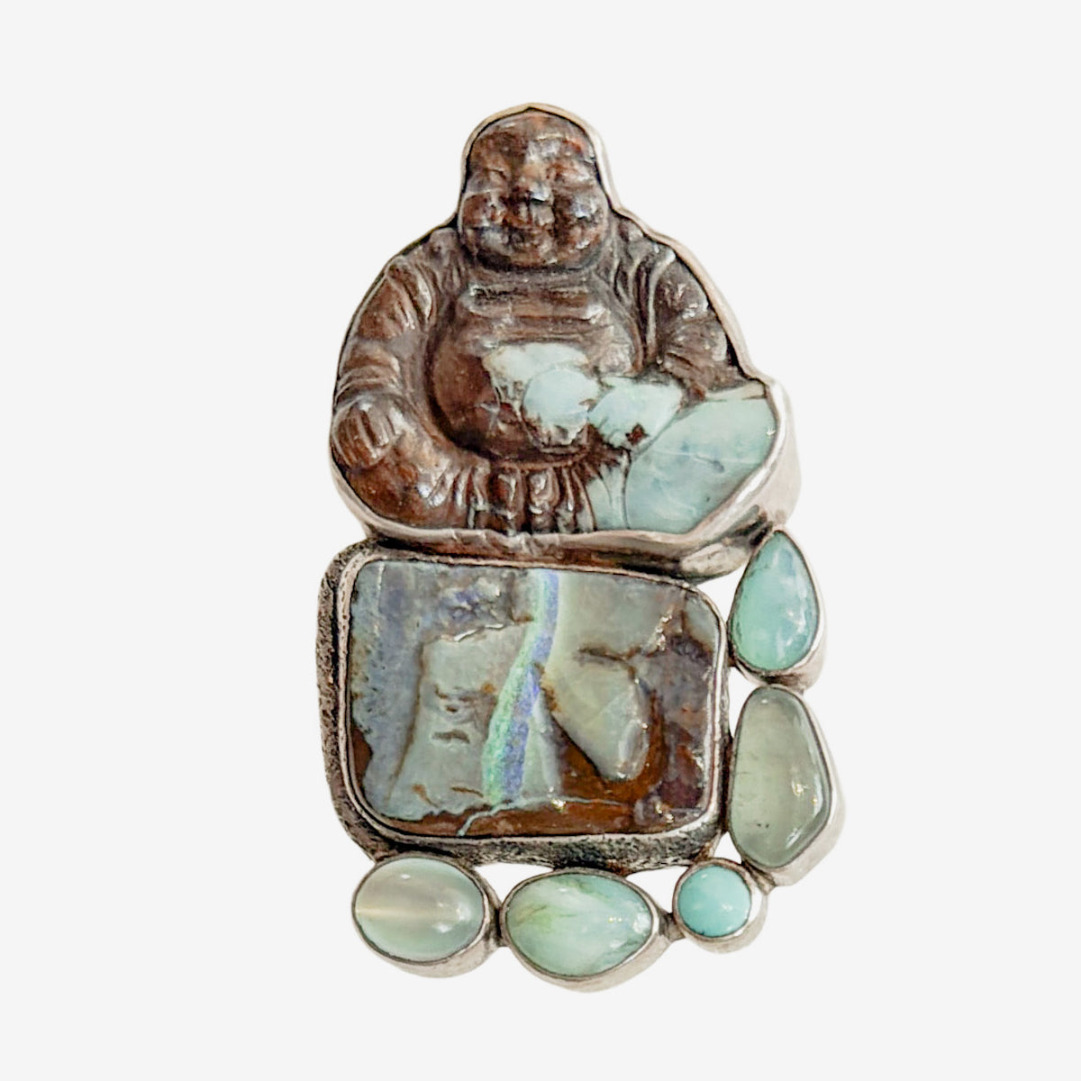 9409 Hand-Carved Boulder Opal Buddha, Moonstone Pin / Pendant