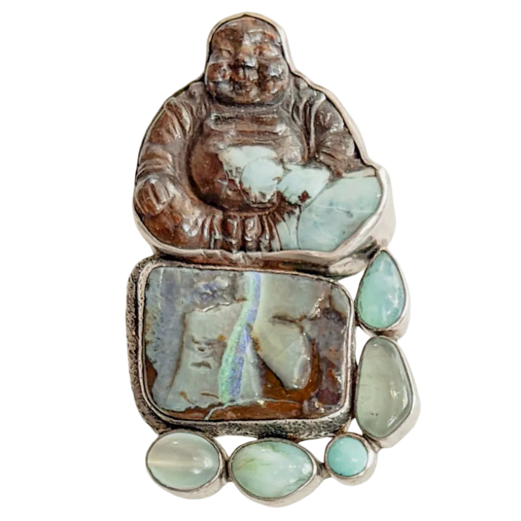 9409 Hand-Carved Boulder Opal Buddha, Moonstone Pin / Pendant
