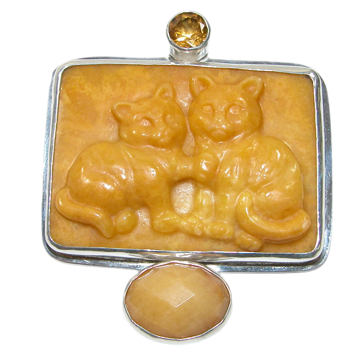 32649 Hand Carved Jade Cats, Citrine Sterling Silver Pin and Pendant