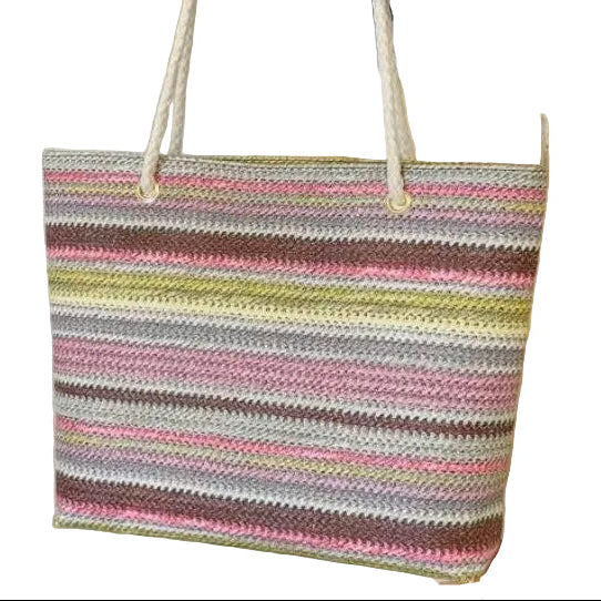 Woven Tote Multi Color Stripes Braided Rope GF5033 Pink and Lemon Yellow