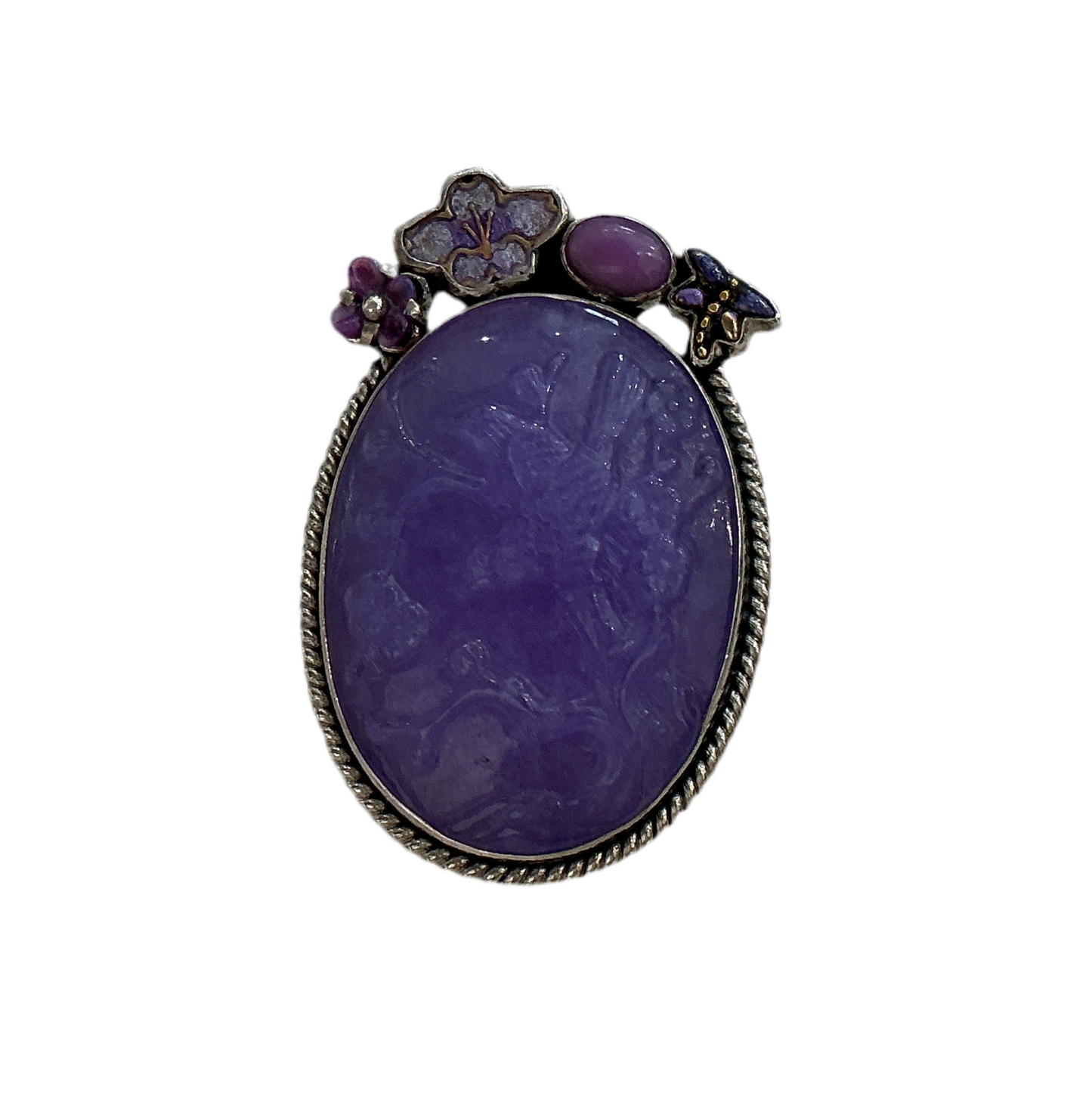 20626B Carved Purple Quartz Birds Sterling Silver Pin and Pendant