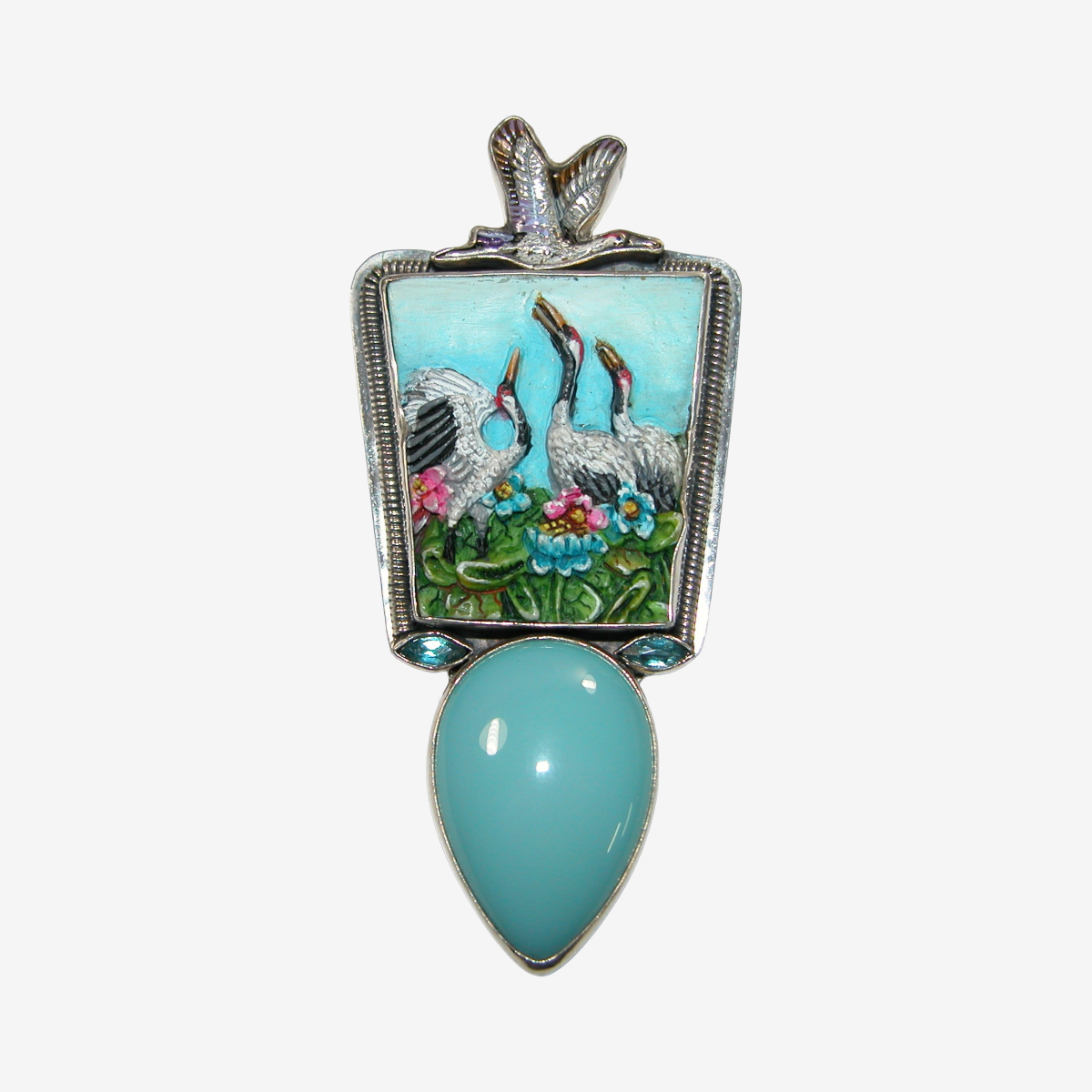 33175 Hand Carved Crane, Amazonite, Blue Topaz, Sterling Silver Pin Pendant