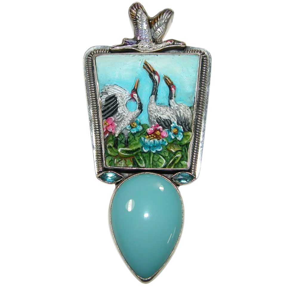 33175 Hand Carved Crane, Amazonite, Blue Topaz, Sterling Silver Pin Pendant