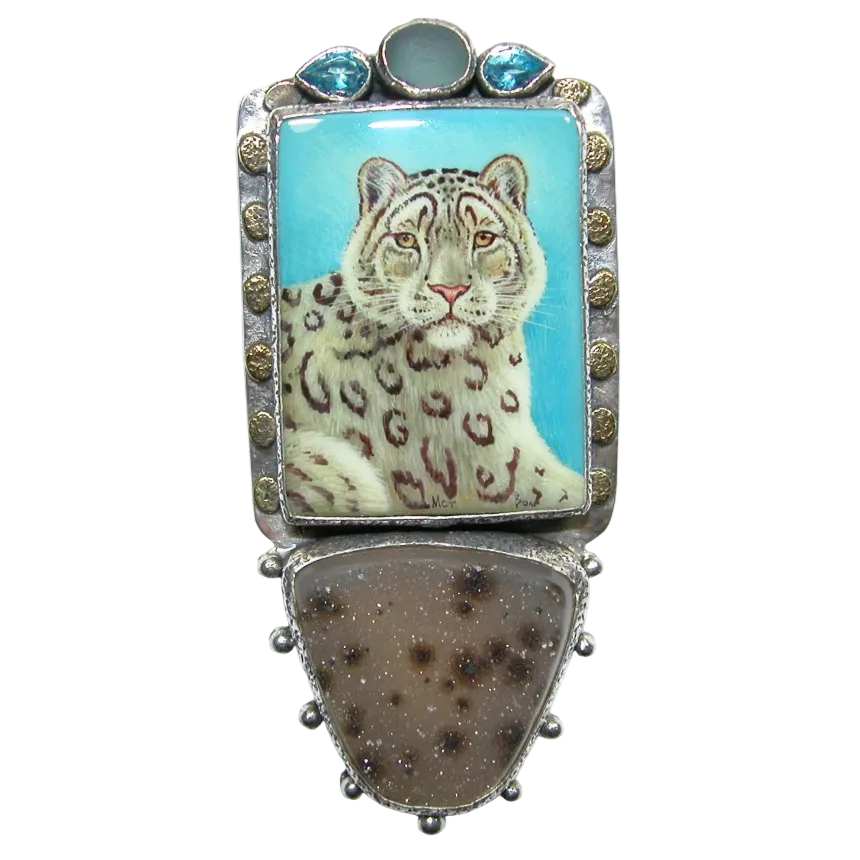34505 Painted Snow Leopard on Black Onyx, Blue Topaz, Druzy, Sterling Silver Pin Pendant
