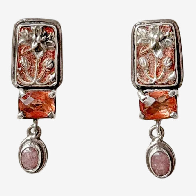33034 Celestial Quartz, Rhodochrosite, Hand-Enameled, Sterling Silver Floral Earrings