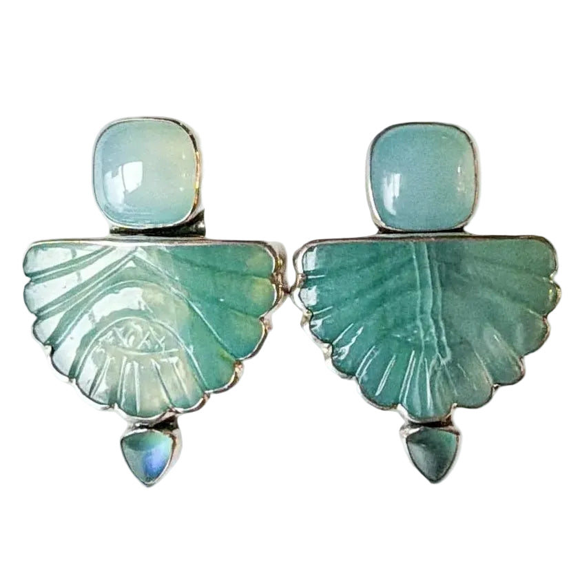 34464 Carved Aqua Blue Agate Sterling Silver Earrings