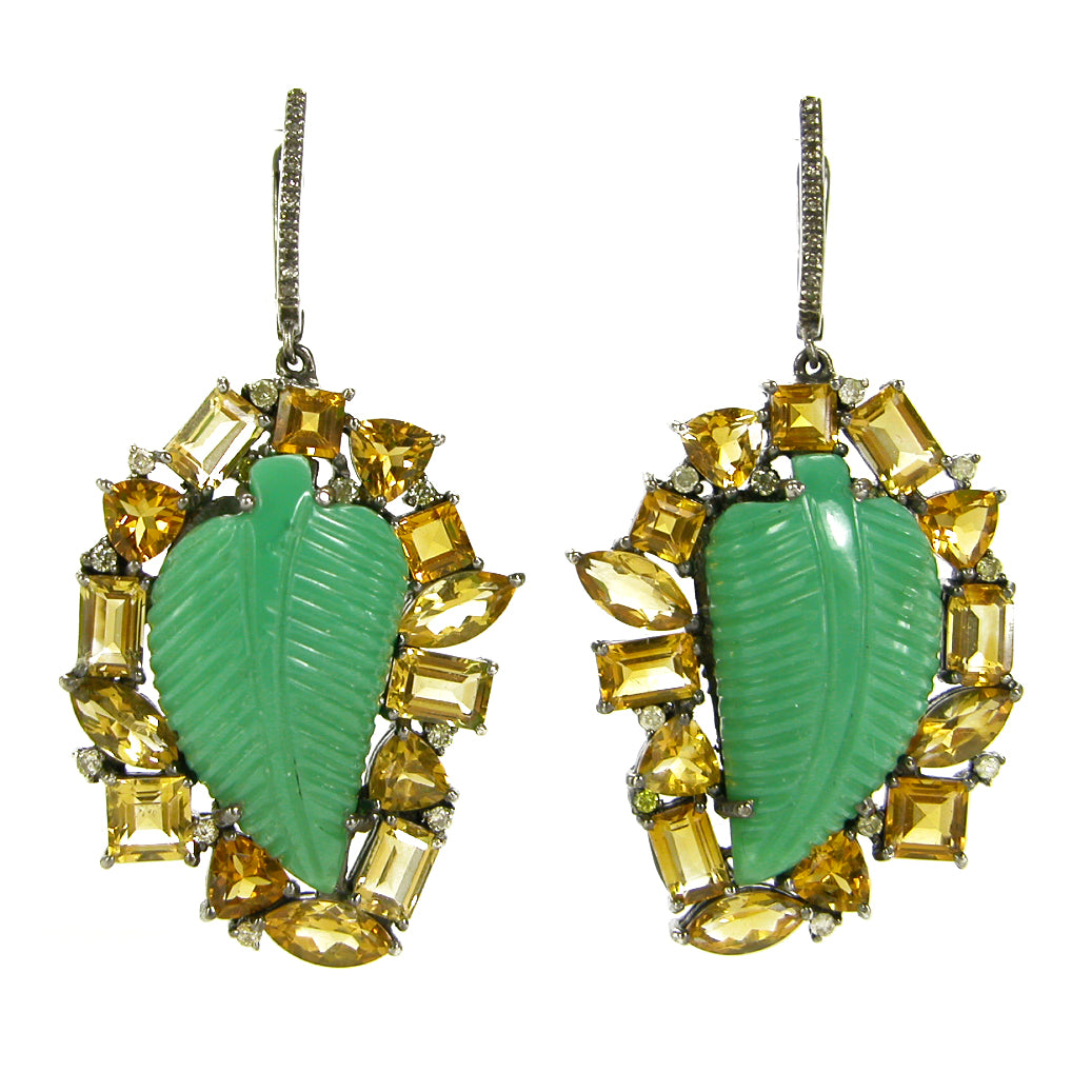 Citrine, Carved Leaf, Diamond Sterling Silver Earrings