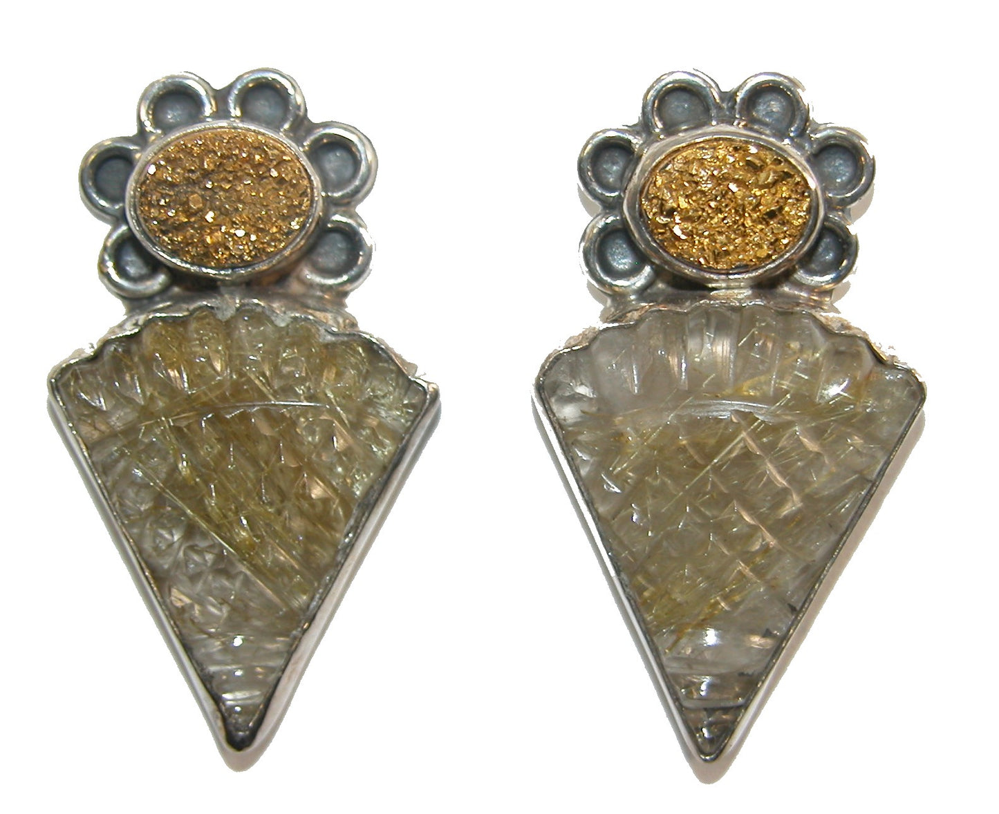 19333A Carved Rutilated Quartz, Drusy Sterling Silver Earrings